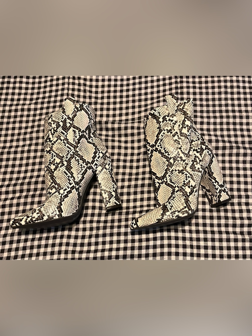 JustFab Snake-Print Pointed Toe Block Heel Booties - Black & White